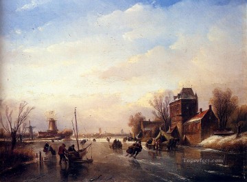 Patinadores en un barco por el río congelado Jan Jacob Coenraad Spohler Pinturas al óleo